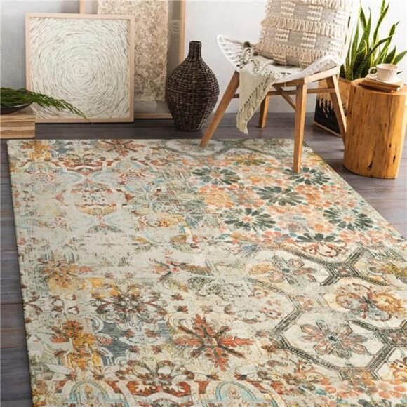Boho Machine Washable Rugs Area Rugs for Living Room Non-Slip Throw Bedroom Rug - Picture 3 of 7